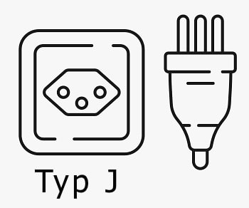 Illustration av eluttag och kontakt av Typ J som används i Schweiz.